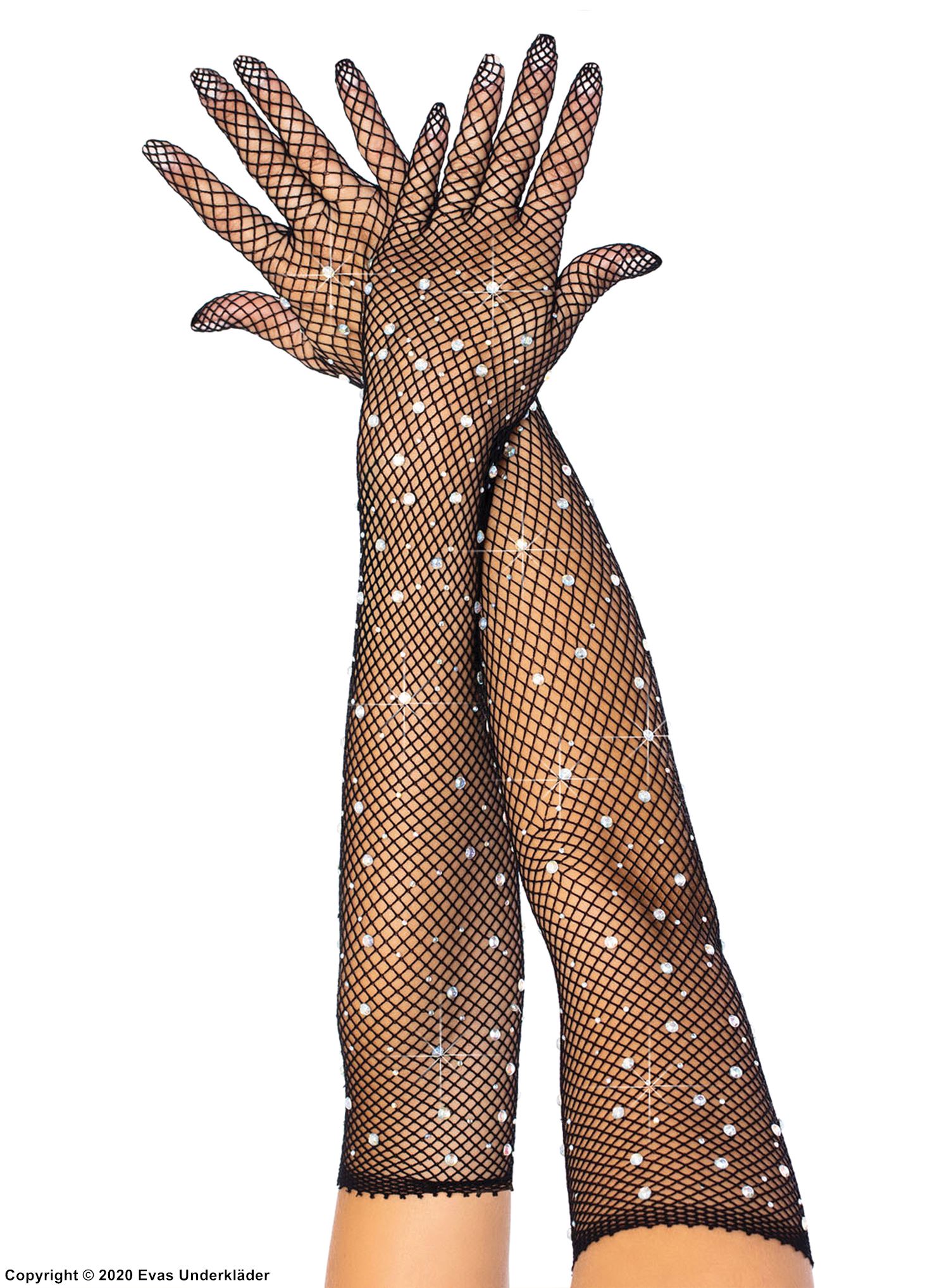 Lange Handschuhe, Netz, Strasssteine